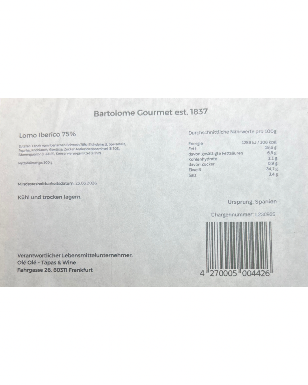Lomo Iberico 75% 100g