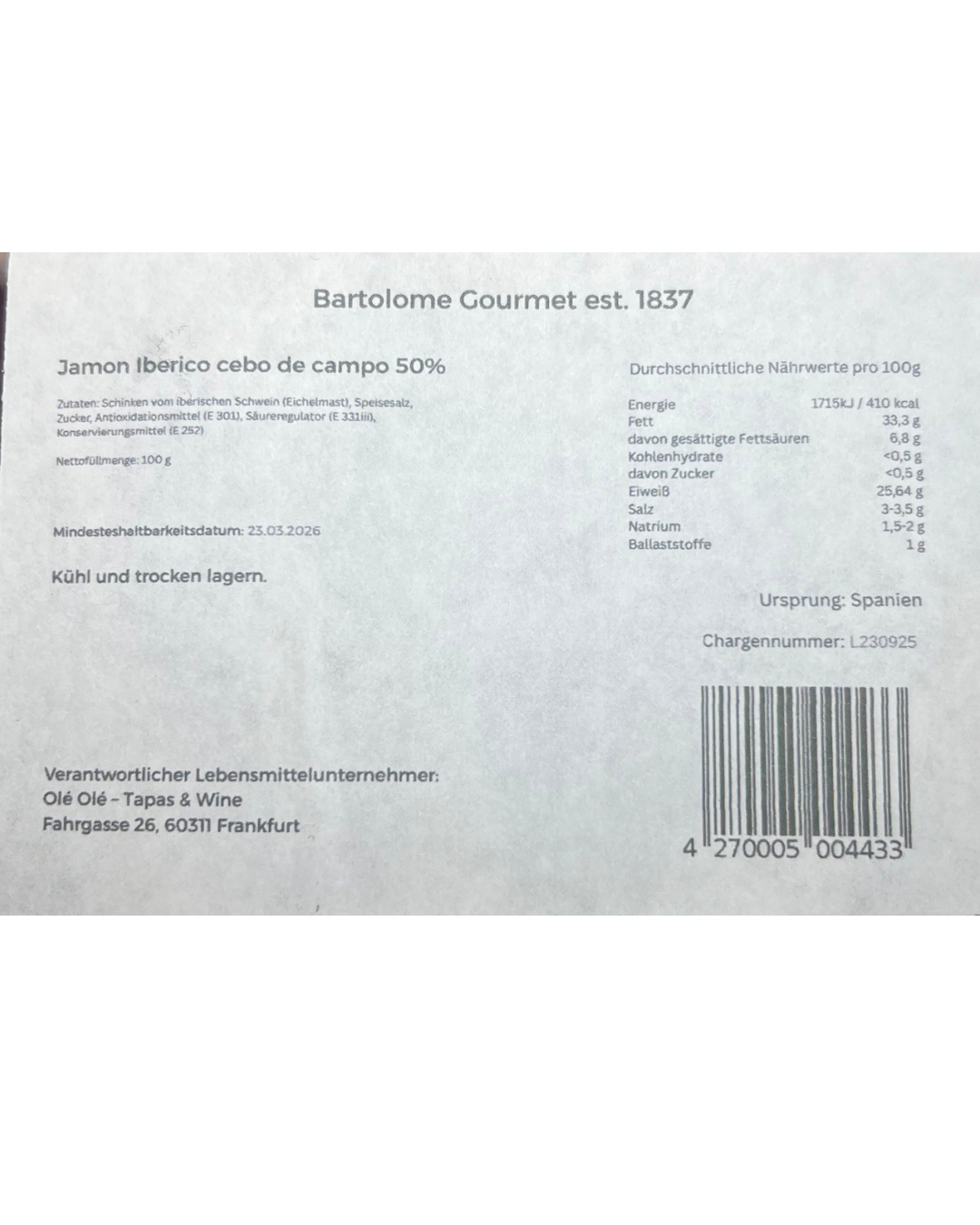 Jamon Iberico 50% cebo de campo 100g